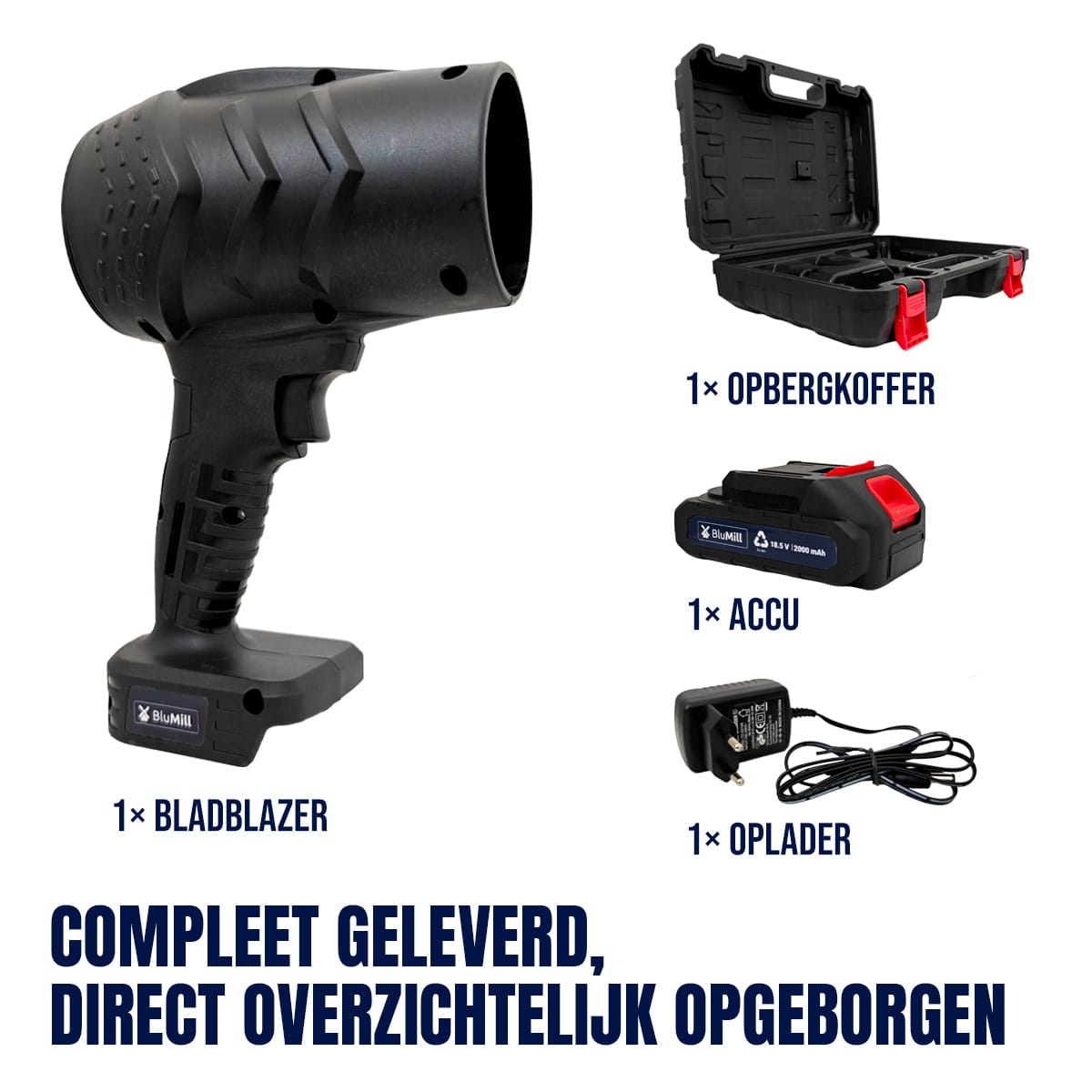 BluMill Turbo Draadloze Bladblazer op Accu inhoud pakket