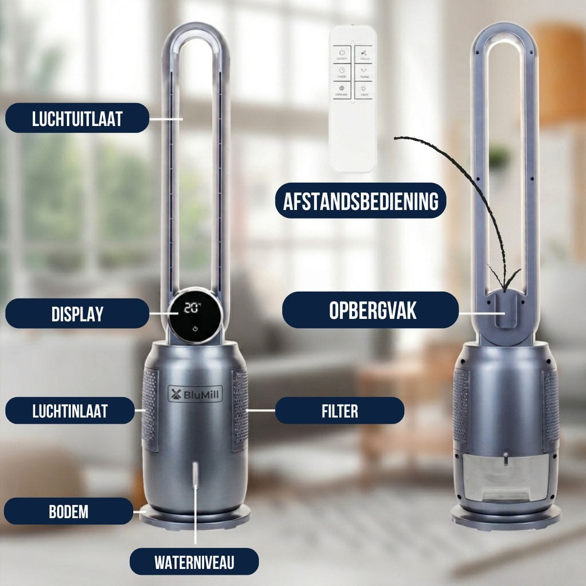 4-in-1 Luchtkoeler, Ventilator, Luchtbevochtiger en Luchtreiniger