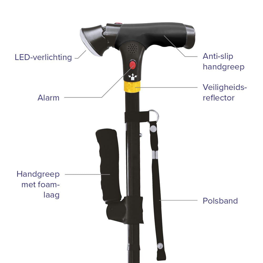 DR-HO'S Get Up & Go Wandelstok - Opvouwbaar, met LED-verlichting en alarm